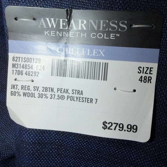 NWT KENNETH COLE CHILLFLEX BLUE CHECK HALF LINED PEAK LAPEL BLAZER 48R - Picture 13 of 13